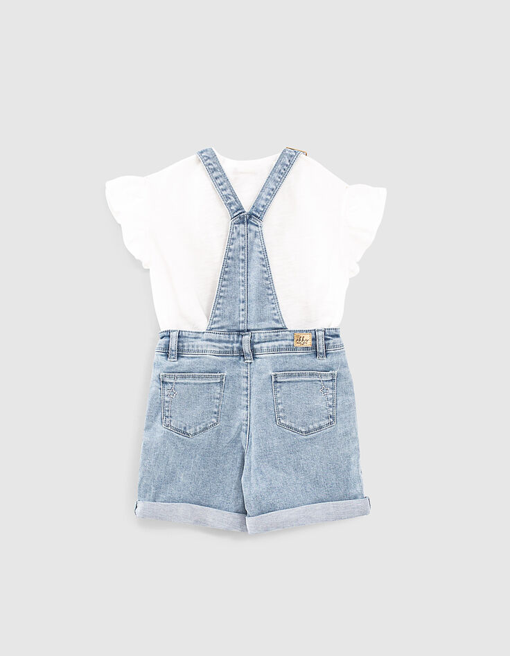 Kurze bestickte Mädchen-Latzhose und Bio-T-Shirt in Ecru-3