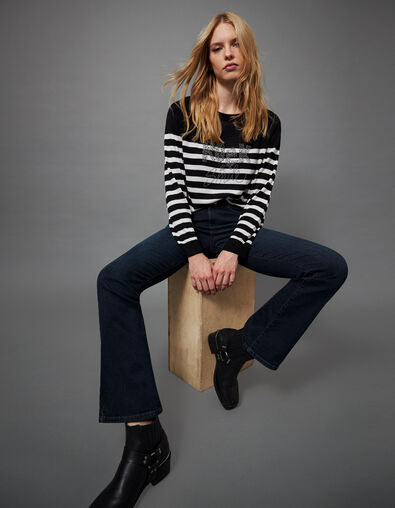 Pull en maille fine rayé noir et blanc strass rock femme - IKKS