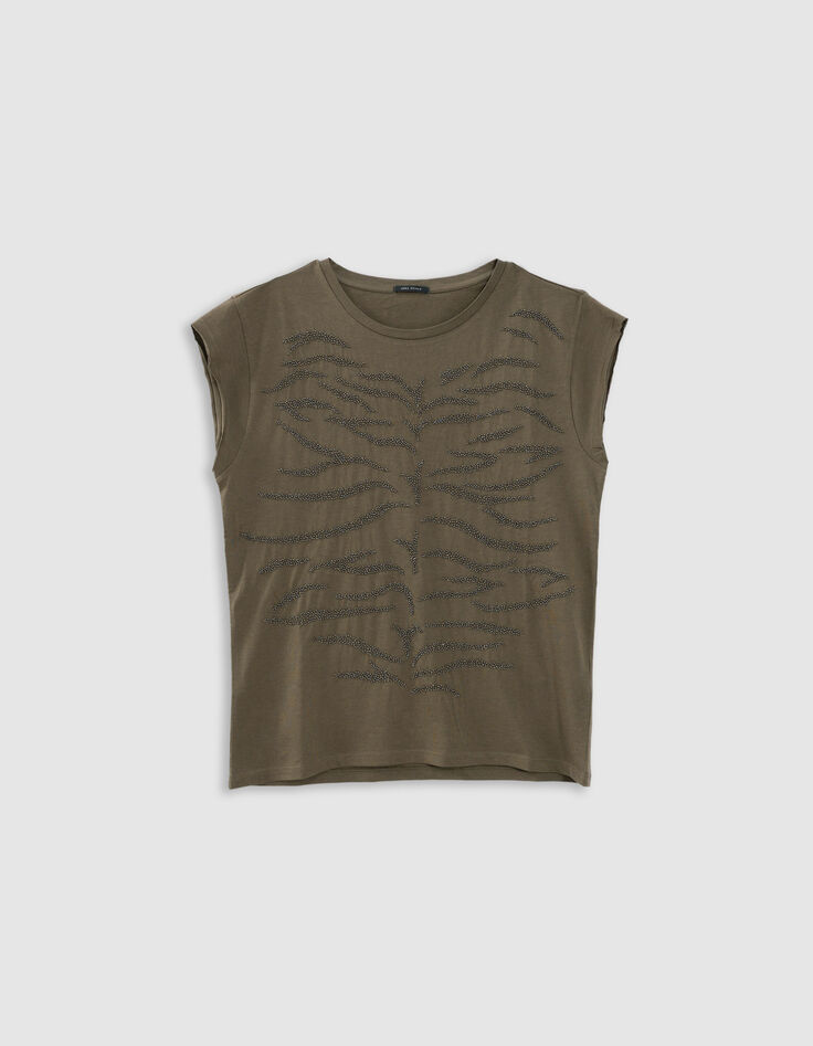 Tee-shirt col rond kaki broderies perles-6