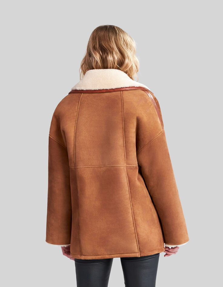 Manteau cognac cuir retourné esprit canadienne Femme-4