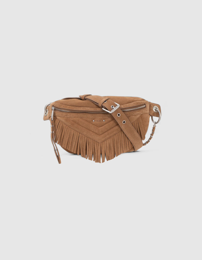 Sac 1440 Pocket Belt en cuir velours sable à franges Femme - IKKS