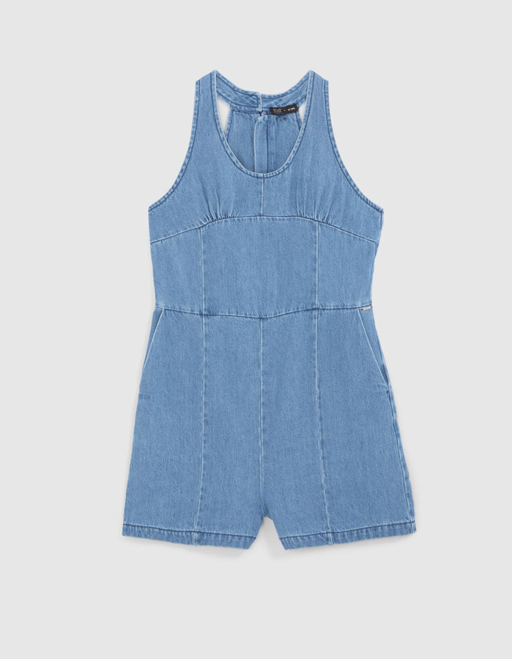 Blauer Mädchenkurzoverall aus Jeansstoff im Retro-Stil-1