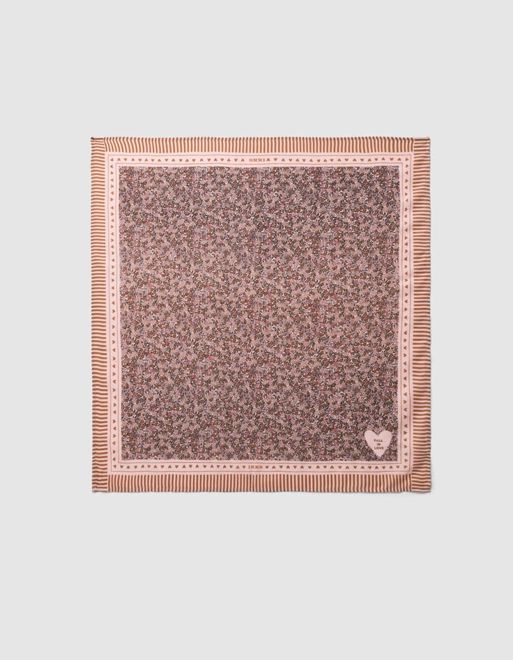 Girls’ pink square scarf, autumn flower print-3 Girls’ pink square scarf, autumn flower print-3