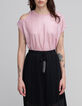 Tee-shirt rose maille lin paillet&eacute;e d&eacute;coupe &eacute;paule Femme-4