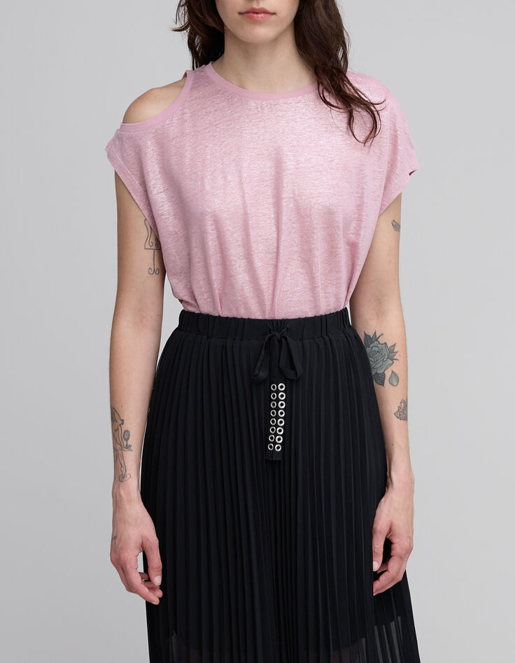 Tee-shirt rose maille lin paillet&eacute;e d&eacute;coupe &eacute;paule Femme-4