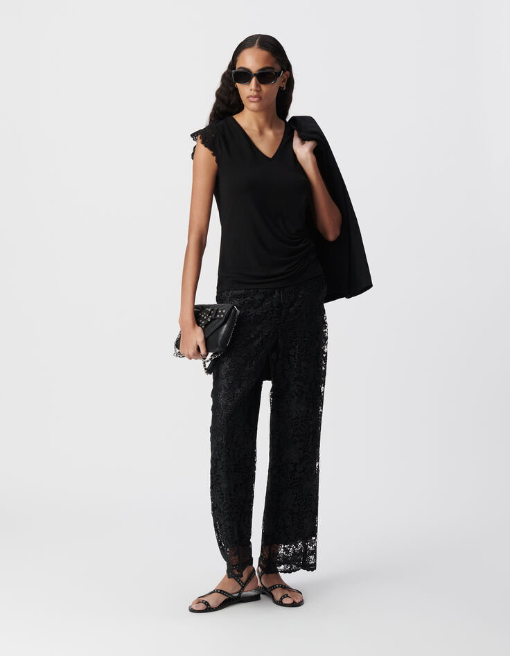 Tee-shirt noir manches dentelle festonnée Femme-1 Tee-shirt noir manches dentelle festonnée Femme-1