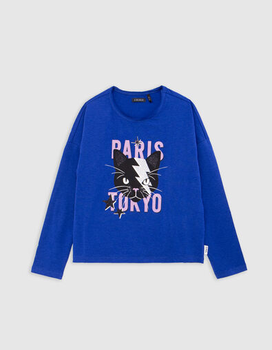Blauw T-shirt opdruk kat-bliksem meisjes - IKKS