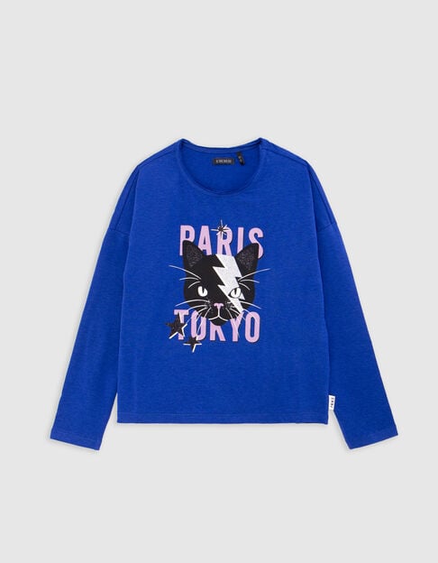 Camiseta azul gato rayo niña - IKKS