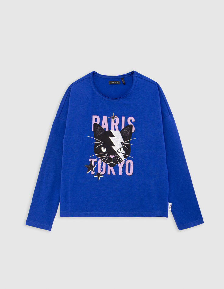 Camiseta azul gato rayo niña-2