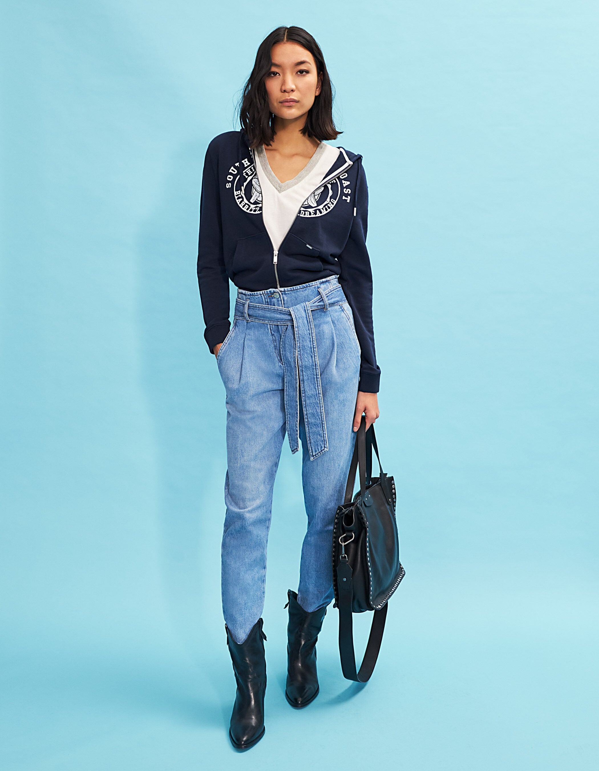 Vaquero ancho azul talle alto largo cropped mujer