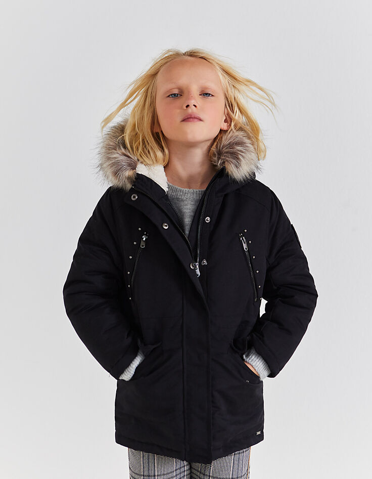 Schwarzer 2-in-1-M&auml;dchenparka mit Steppweste mit Sternen-2