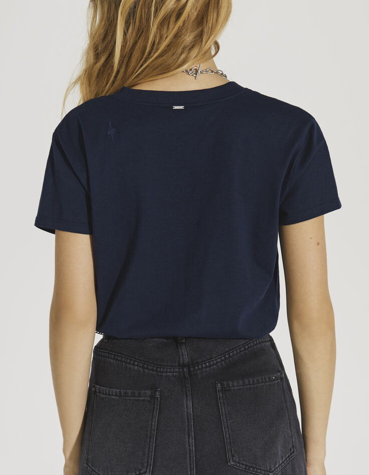 Camiseta azul marino rayo bordado manga mujer-3