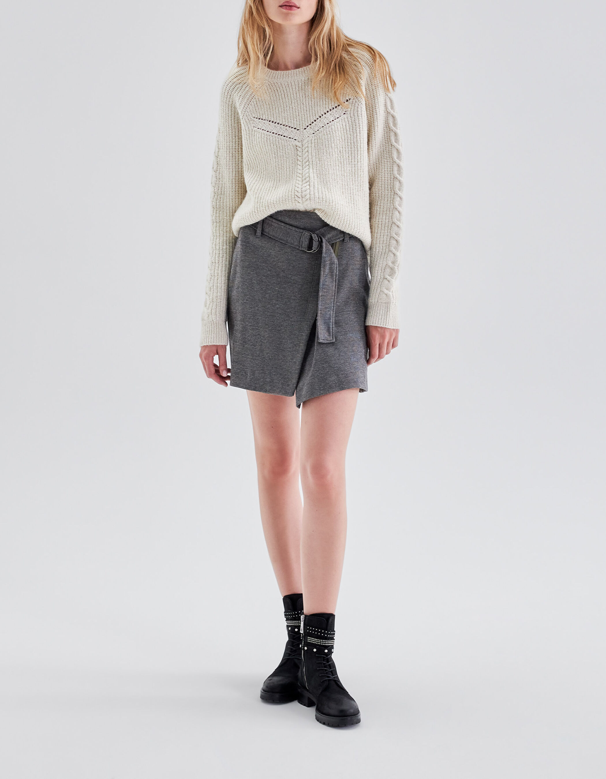 Jupe courte gris faux uni portfeuille Femme