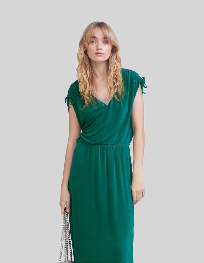 Smaragdgroene lange jurk met V-hals en kralen Dames - IKKS