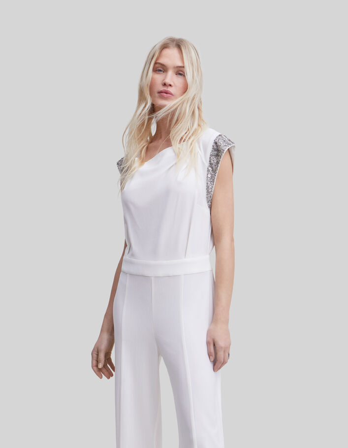 Women’s white jumpsuit with beads and sequins - IKKS
