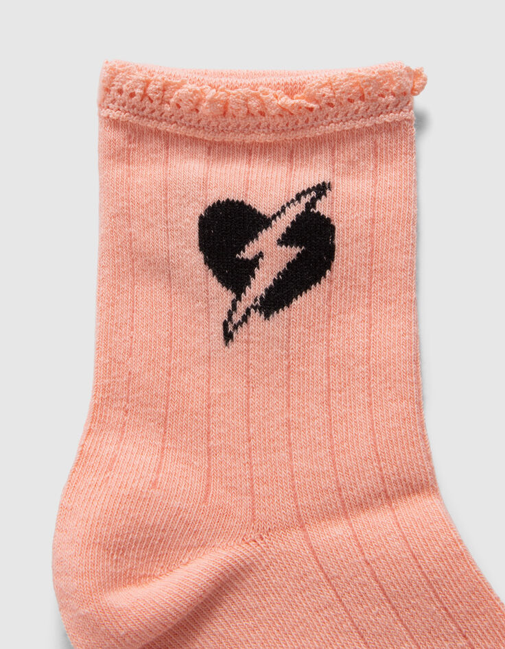 Pfirsichrote und cremeweiße Mädchensocken mit Streifen-4