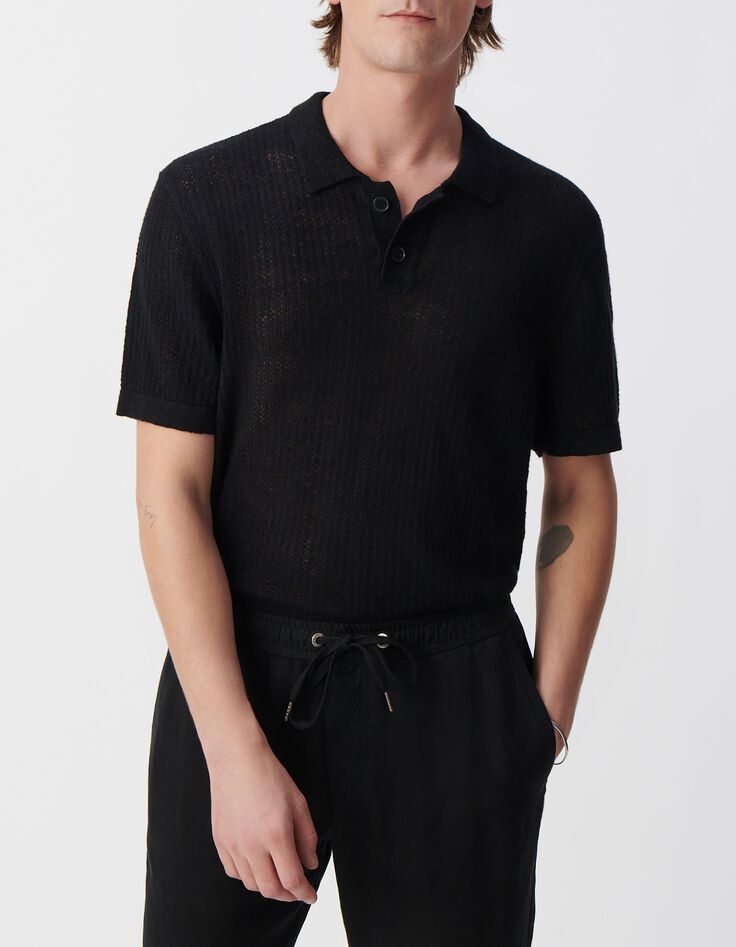 Men&rsquo;s black decorative openwork knit polo shirt-2