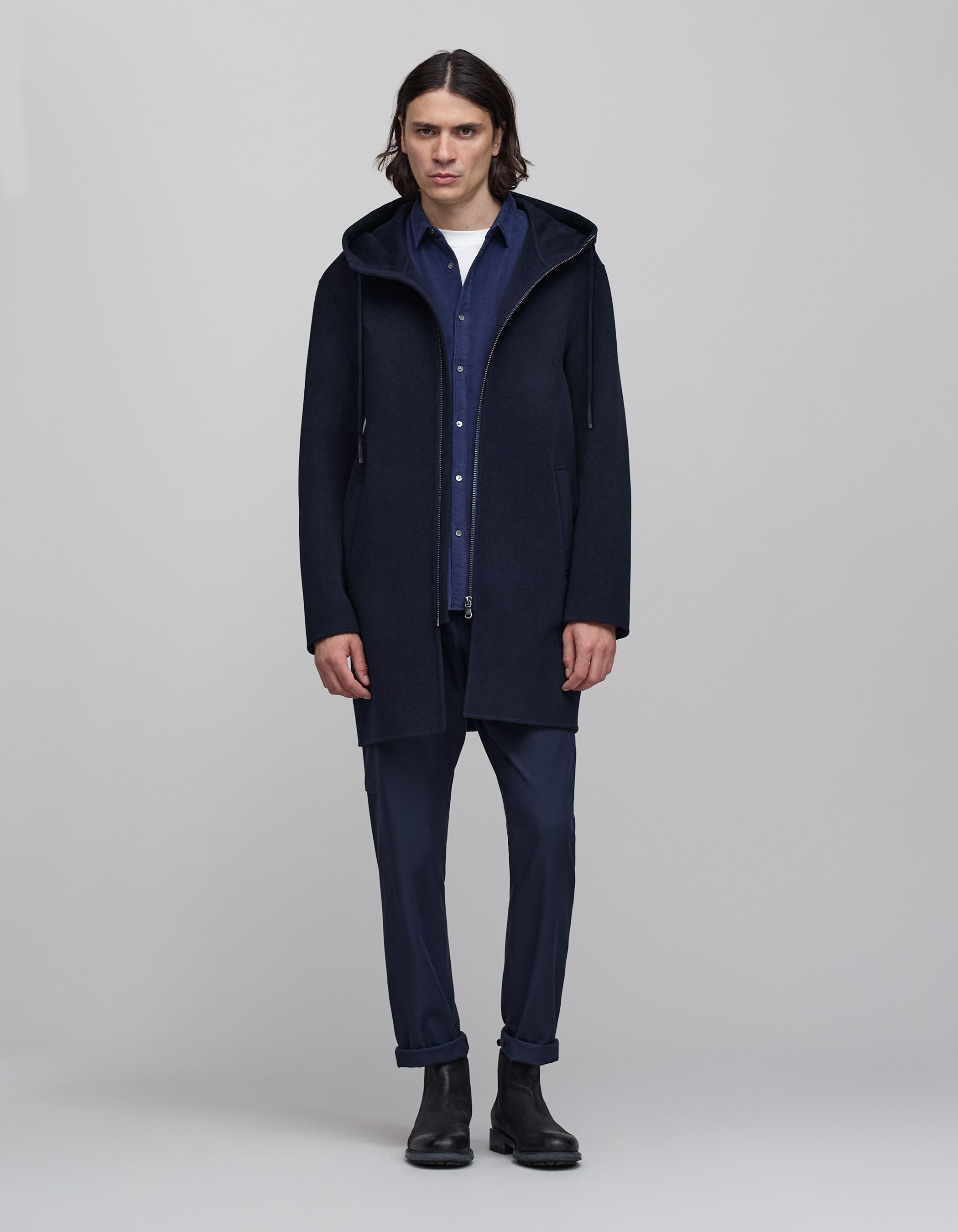 Navy wool coat with hood hot sale