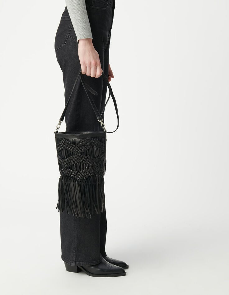 Black leather macramé-style fringed bucket bag-7 Black leather macramé-style fringed bucket bag-7