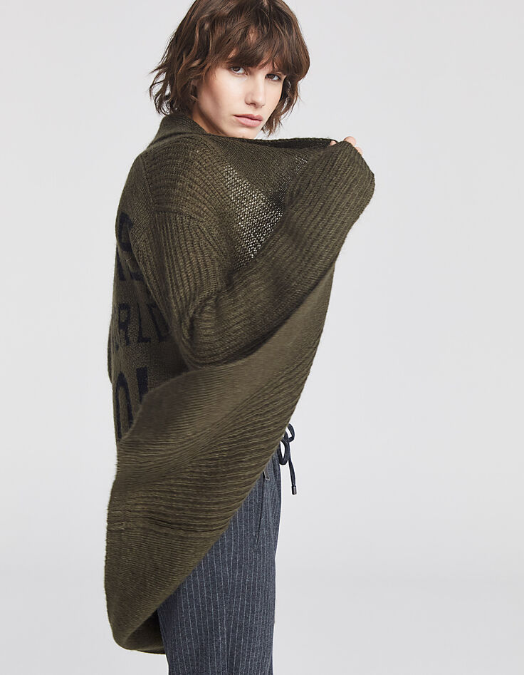 Cardigan kaki mi-long broderie dos femme-1