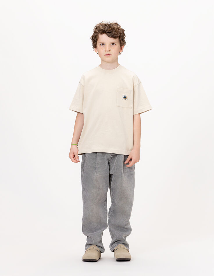 Beiges Jungen-T-Shirt Biobaumwolle Tasche Motiv hinten-4
