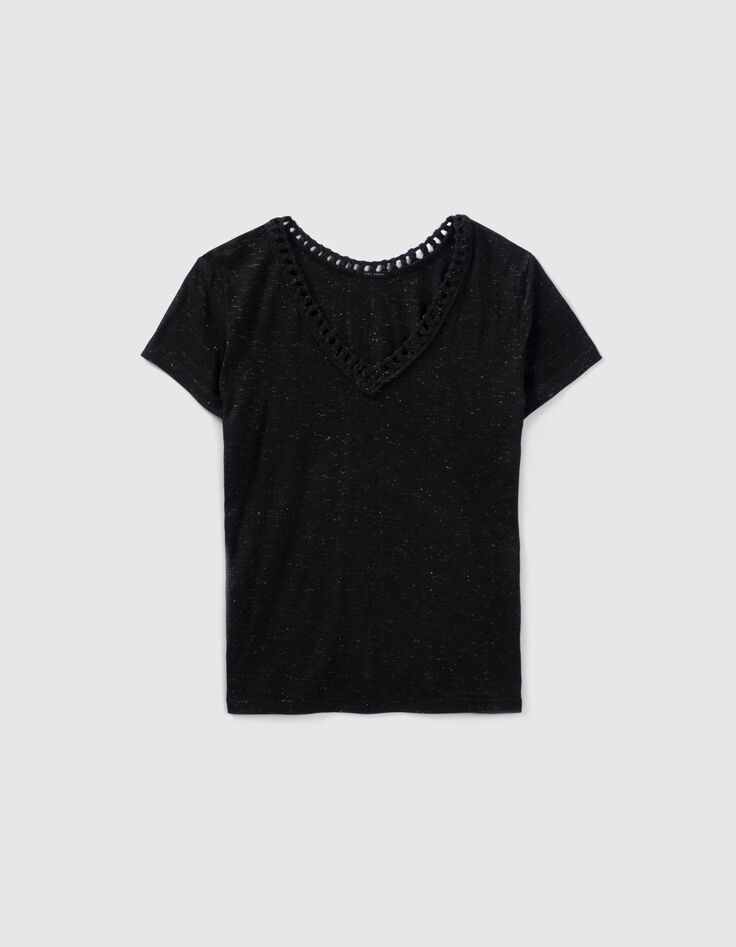 Women’s black woven lurex reversible V-neck T-shirt-5