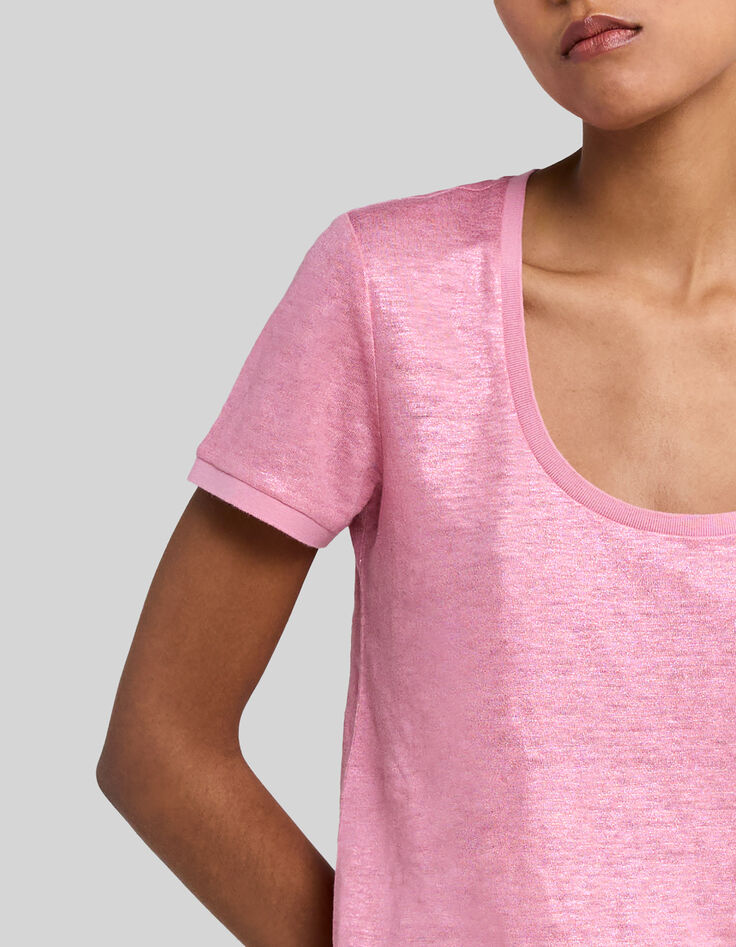 Tee-shirt soft rose maille lin paillet&eacute;e Femme-4