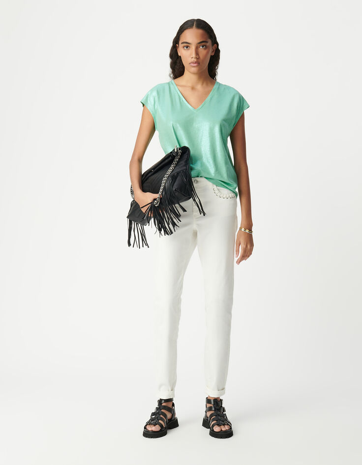 Tee-shirt col V vert maille irisée Femme-1