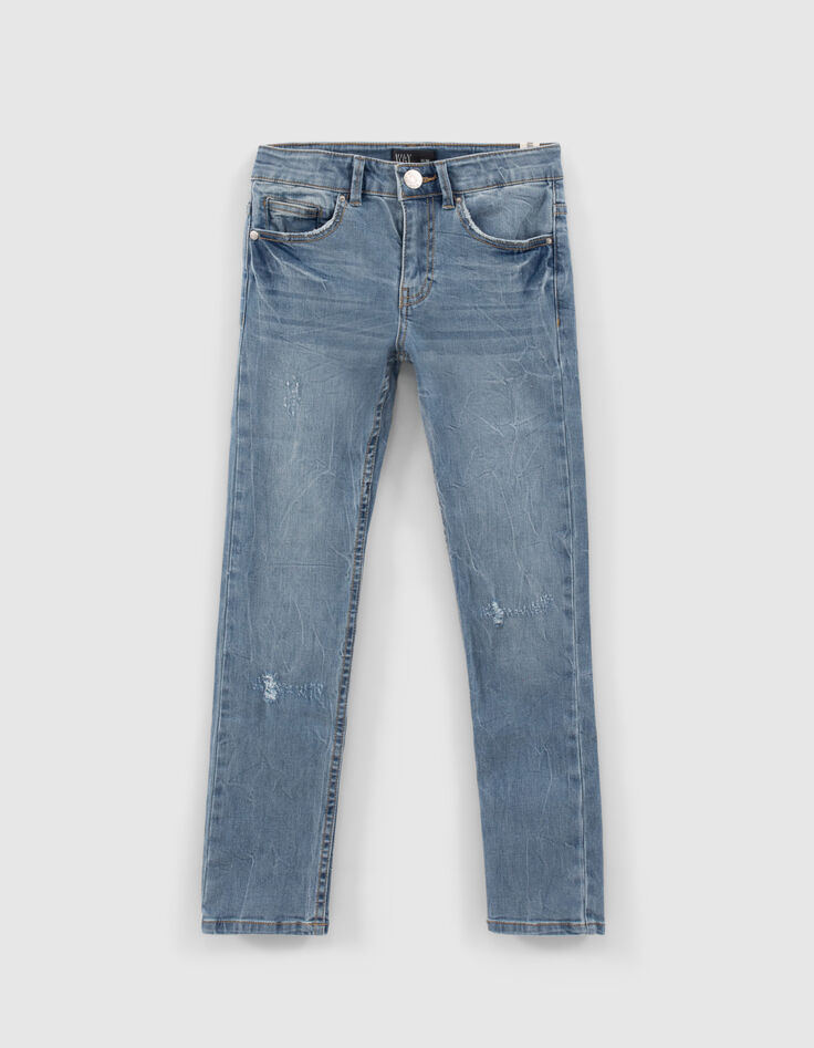 Blaue Jungen-Slimjeans mit platzierten Gebrauchsspuren-1