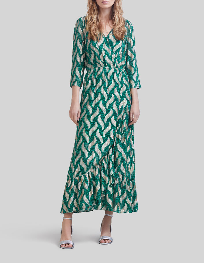 Robe longue émeraude imprimé feuilles dorées Femme