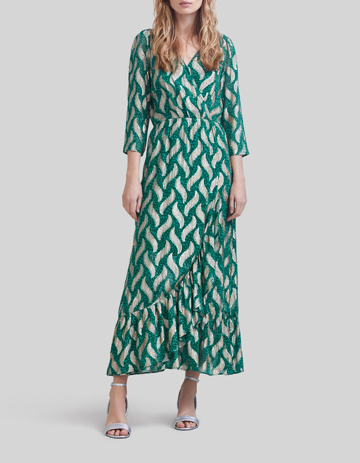 Robe longue émeraude imprimé feuilles dorées Femme-1