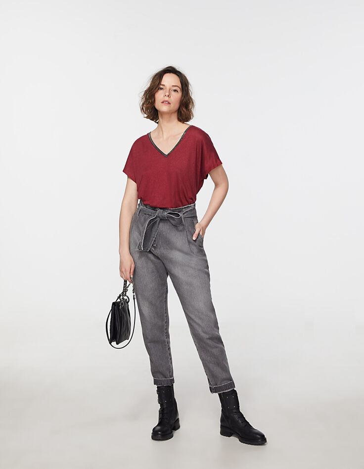 Camiseta de lino granate cuello con perlas joya para mujer-5