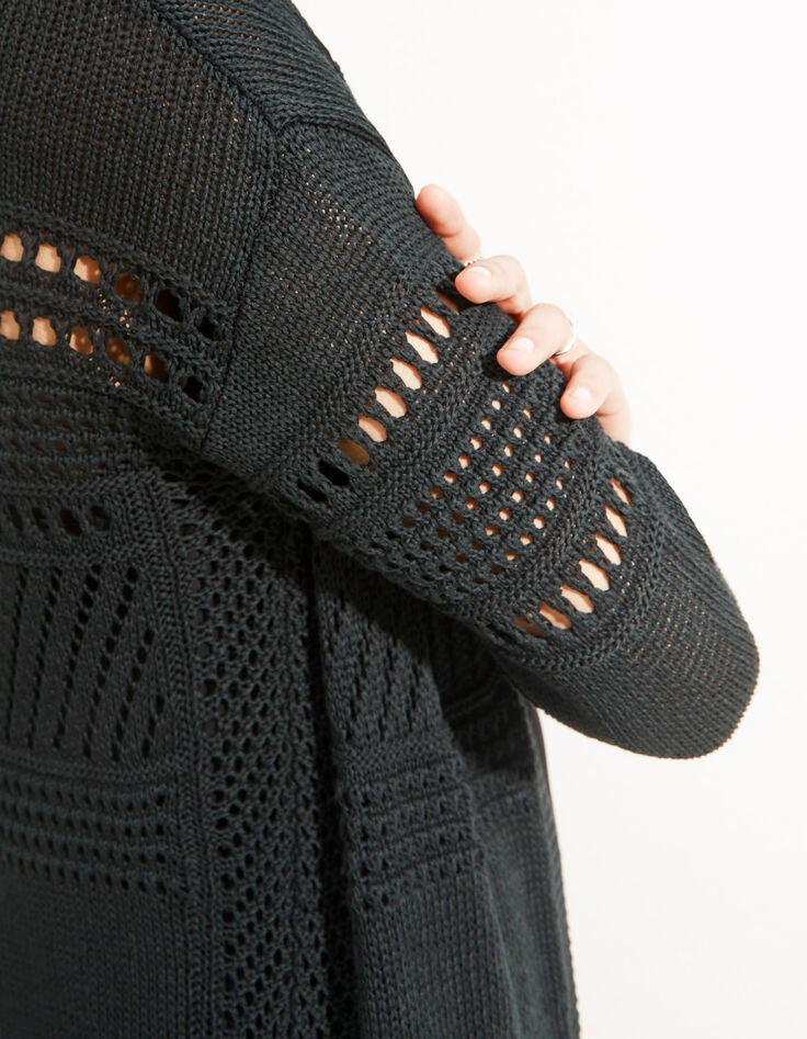 Schwarze gepunktete Damen-Strickjacke mit Fransen-4