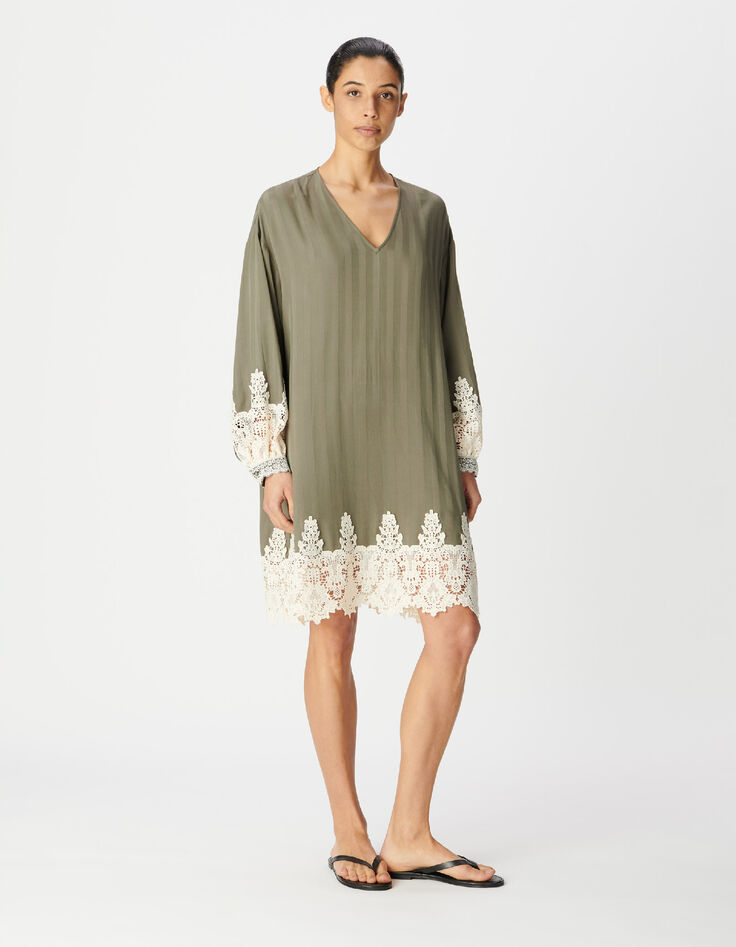 Robe ample kaki rayures bord&eacute;e dentelle Femme-2