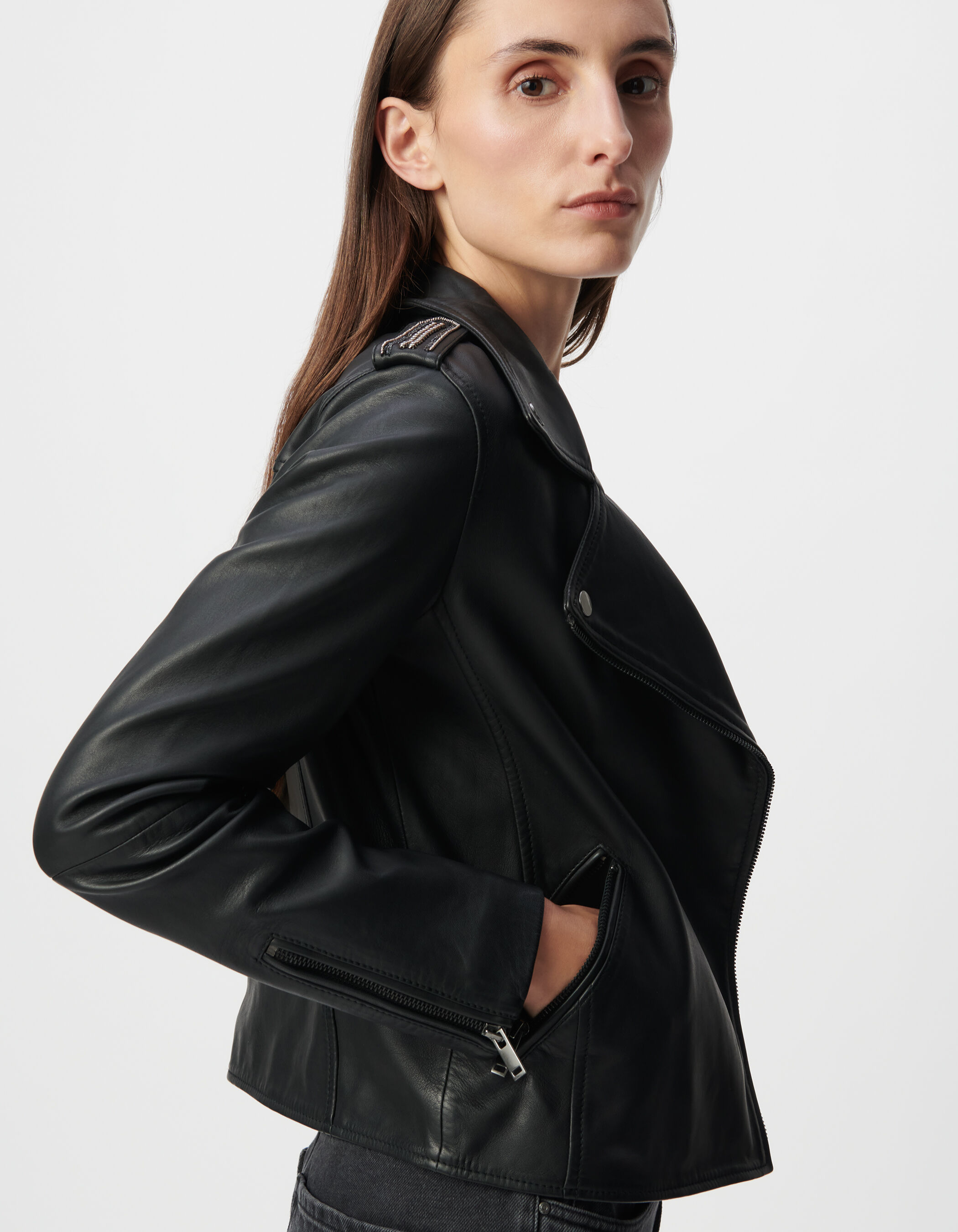 Blouson noir en cuir d agneau a capuche amovible femme IKKS