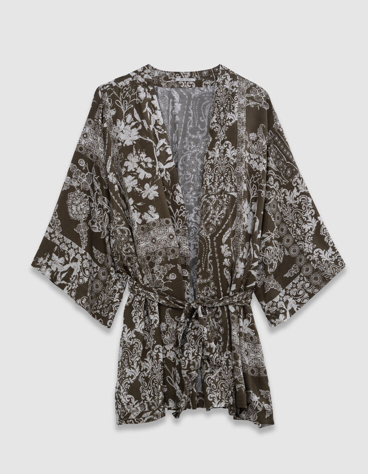 Women’s khaki kimono shirt with scarf print-7