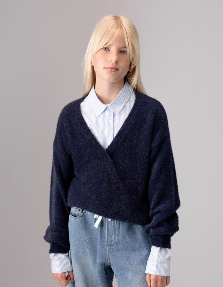 Blauer flauschiger Mädchenstrickpullover Wickellook-2