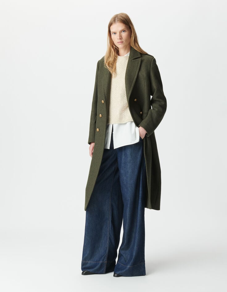 Women’s khaki long pea coat with engraved buttons-2 Women’s khaki long pea coat with engraved buttons-2