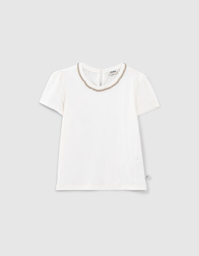T-shirt blanc cass&eacute; col bijou fille - IKKS
