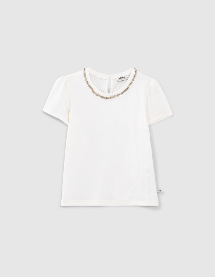 T-shirt blanc cass&eacute; col bijou fille-1