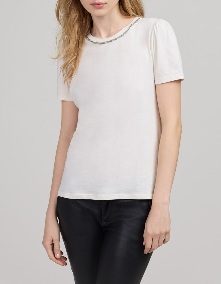 Cremewei&szlig;es Damen-T-Shirt mit Strasskragen-2