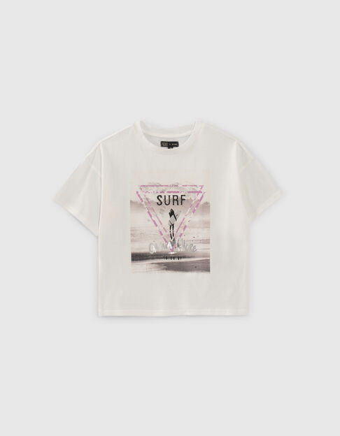 Girls’ white organic cotton T-shirt with surfer girl image - IKKS