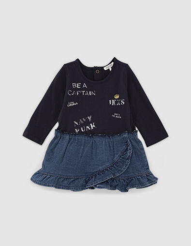 Navy jurk in twee materialen jersey en jeans babymeisjes - IKKS