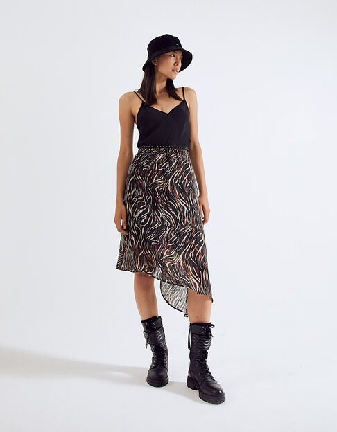 Zebra-print voile midi-length skirt with asymmetric hem
