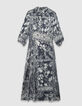 Women's grey blue satin long dress with scarf print-5