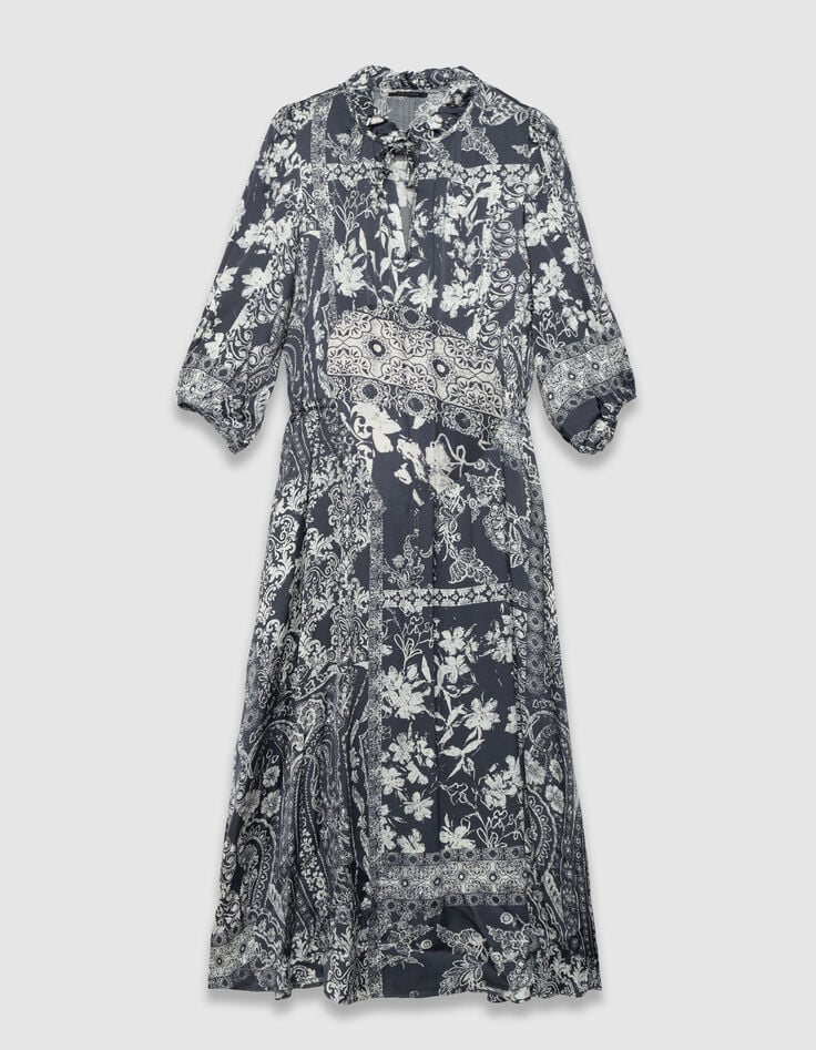 Women's grey blue satin long dress with scarf print-5