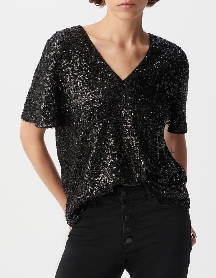Top noir broderies sequins manche trompette Femme-2 Top noir broderies sequins manche trompette Femme-2