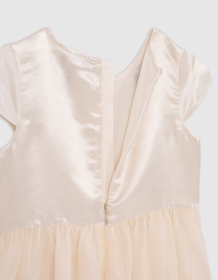 Ecru satin and embroidered bi-material dress for girls-4