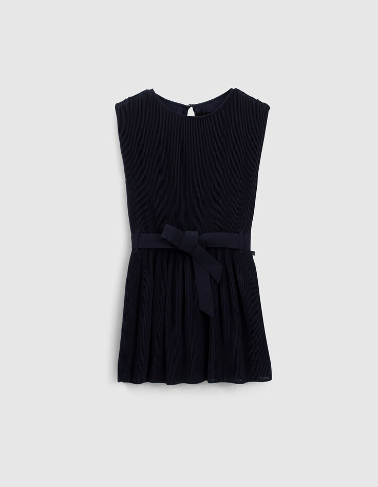 Marineblaues Mädchenplisseekleid mit Gürtel-1