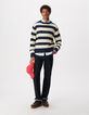 Pull col rond marine tricot motif rayures &eacute;crues Homme-3